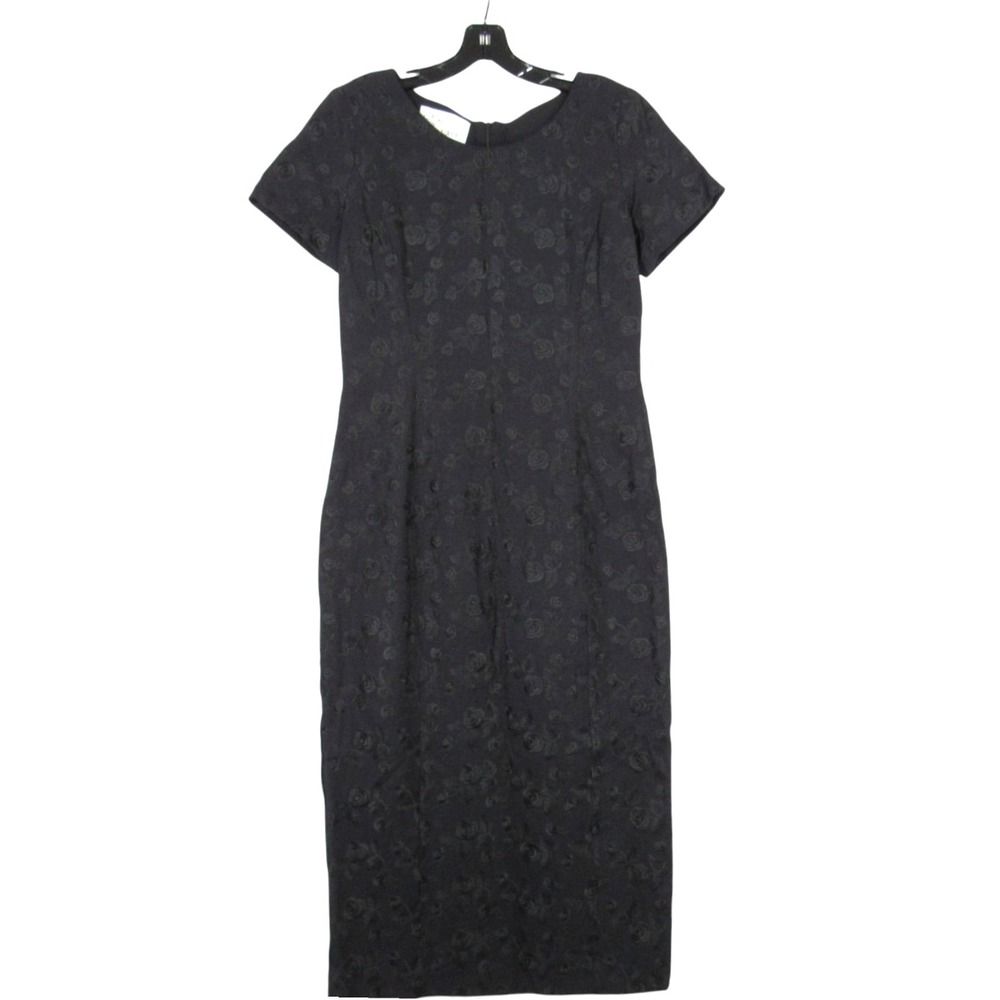 VTG SARAH ELIZABETH Black TWILL Zip Back FLORAL EMBROIDERED Maxi SHEATH DRESS 10